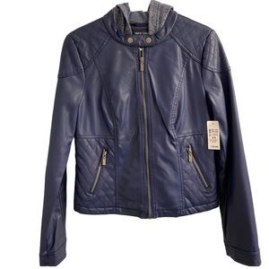 Royal Blue Hooded Vegan Leather Jacket New Look- Size Medium
